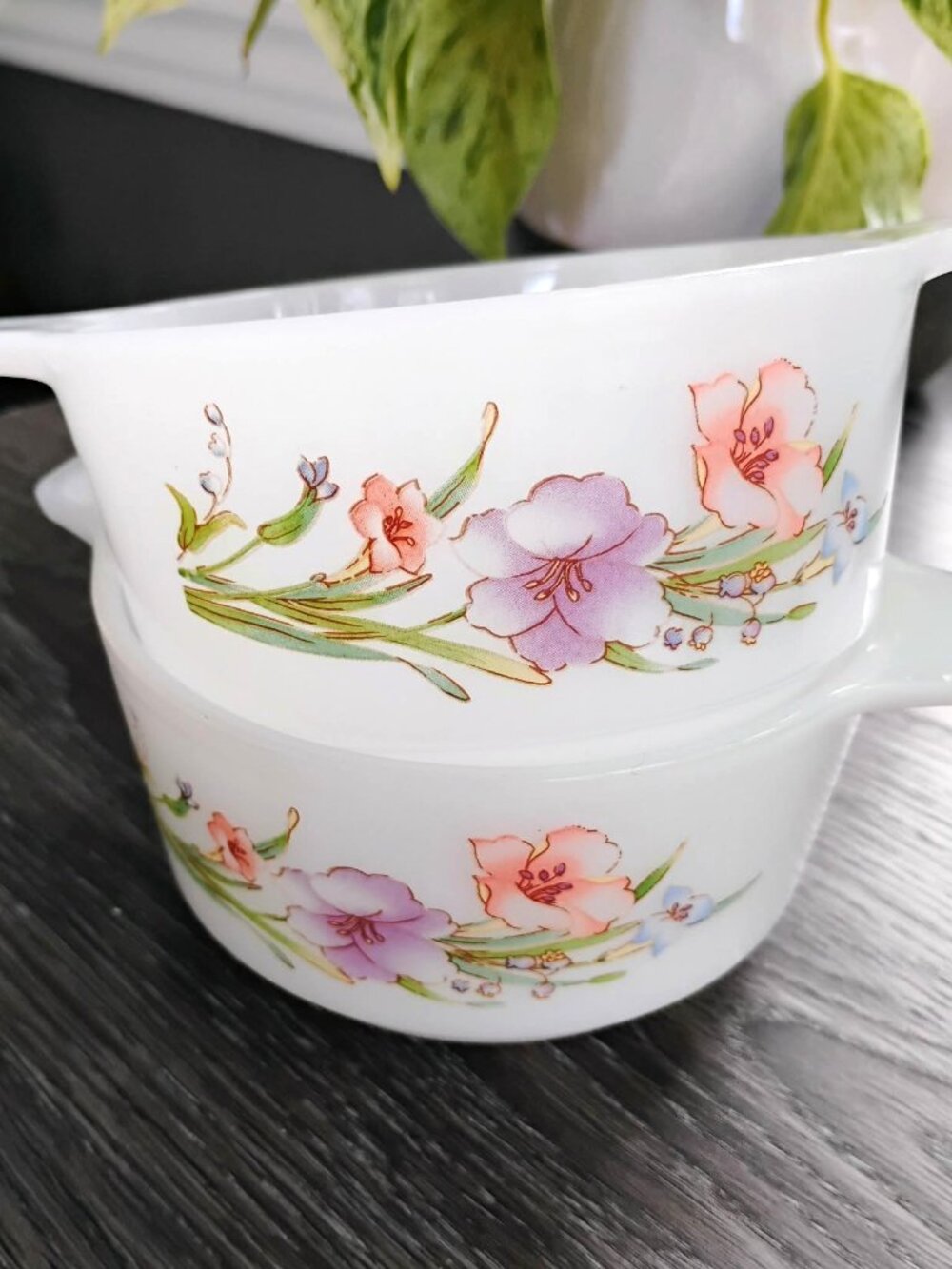 Set of 2 Vintage Indopal Indonesia Milk Glass Mini Casseroles - Floral